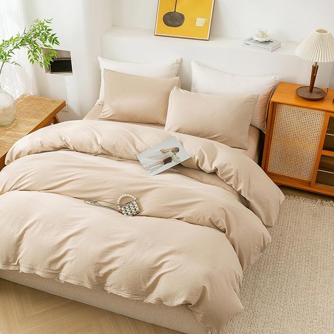 ECOCOTT Duvet Cover King Size, 100% Washed Cotton 1 Duvet Cover with Zipper and 2 Pillowcases, Ultra Soft and Easy Care Breathable Cozy Simple Style Bedding Set(Khaki, King)