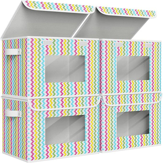 Univivi Fabric Foldable Storage Boxes [4-Pack] Large Collapsible Stackable Storage Bins with Lids, Closet Organizers and Storage Cube Basket for Home, Office, Bedroom (Colorful, 17”x 12” x 12”)
