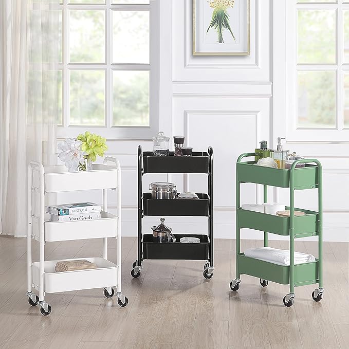 SunnyPoint 3-Tier Delicate Compact Rolling Metal Storage Organizer - Mobile Utility Cart Kitchen/Under Desk Cart with Caster Wheels - BLK (15.35" X 10.24" X 26.8"H)