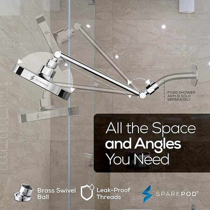 SparkPod Round Rain Shower Head with Extension Arm - Height Adjustable Shower Head with High Pressure Performance - Easy 1-Minute Installation (11" Arm Extension, Luxury Polished Chrome)