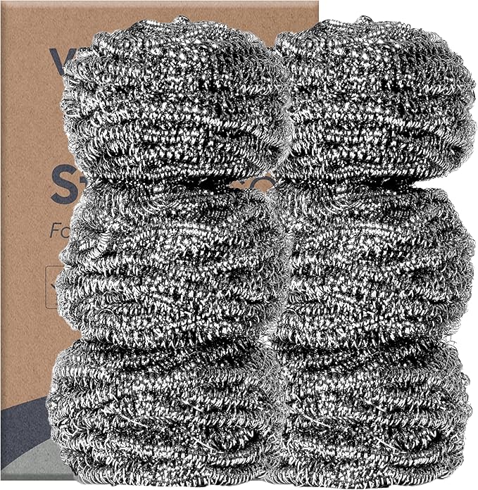 Vove Stainless Steel Scouring Pads, 6-Pack Heavy-Duty Metal Scrubbers for Cast Iron, Pots, Pans, Griddles, Grills, Stovetops, Sinks, Tough Grime Removers, FSC-Certified Packaging