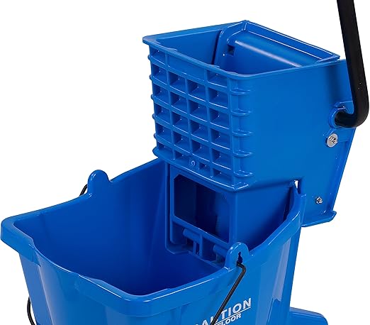 Carlisle FoodService Products 26-Quart Commercial Mop Bucket with Side-Press Wringer, Precision-Molded Polypropylene, Durable Wringer, Bucket with Non-Marking Casters, 18.5 x 16.5 x 23 Inches, Blue