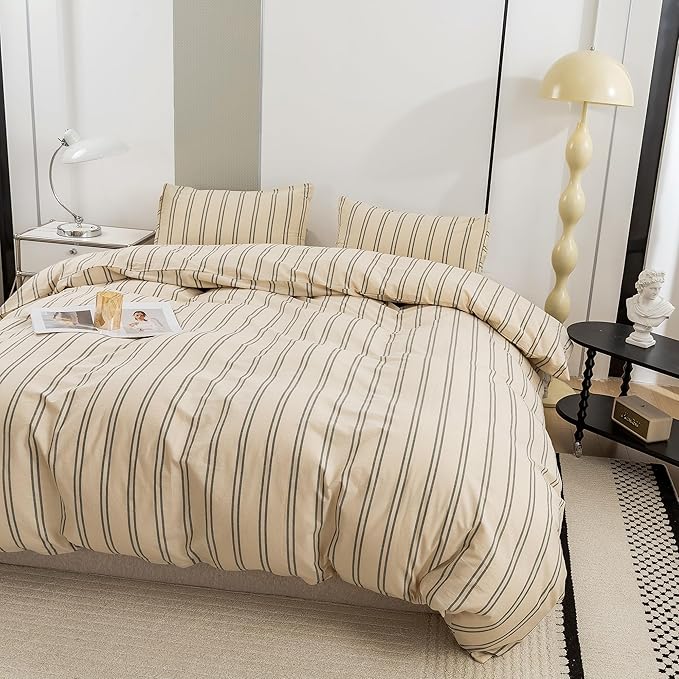 ECOCOTT Duvet Cover Oversized King Size - Linen Feel Organic Natural 100% Washed Cotton, Soft Breathable & Durable Bedding Set, Comfy Stripe Design for All Seasons