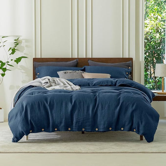 EVERLY100% Pure Linen Duvet Cover Set King Size104X90Inch 3pcs (1 Duvet Cover,2 Pillowcases) Soft and Breathable for All Season with Coconut Button Closure, Suitable for Hot Sleepers-Navy Blue