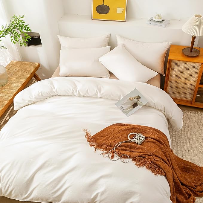ECOCOTT 100% Washed Cotton Duvet Cover Oversized King Size – Soft & Breathable Linen Feel Bedding Set, 3 Pieces White Comforter Cover with Zipper Closure for All Seasons