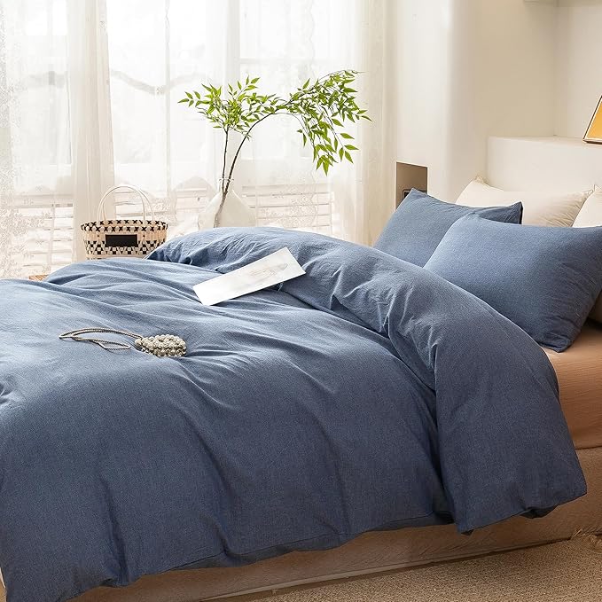 ECOCOTT Denim Blue Duvet Cover Queen Size, 100% Washed Cotton 1 Duvet Cover with Zipper and 2 Pillowcases, Ultra Soft and Easy Care Breathable Cozy Bedding Set (Denim Blue, Queen)