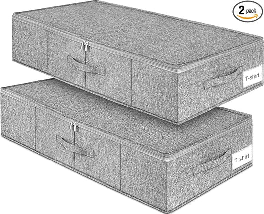 Under Bed Storage, 2 Pack Underbed Storage Container Bags With Lid, Foldable Sturdy Clothes Storage Drawer Organizer W/ 3 Handles, Ultra Thick Fabric Blanket Shoe Storage Box, 30x15x6.7inch, Grey