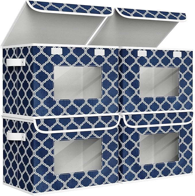 Univivi Fabric Foldable Storage Boxes [4-Pack] Large Collapsible Stackable Storage Bins with Lids, Closet Organizers and Storage Cube Basket for Home, Office, Bedroom (Blue Lantern, 17”x 12” x 12”)