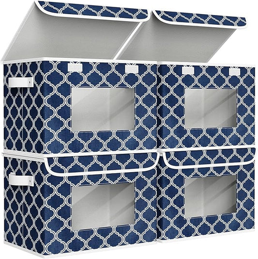 Univivi Fabric Foldable Storage Boxes [4-Pack] Large Collapsible Stackable Storage Bins with Lids, Closet Organizers and Storage Cube Basket for Home, Office, Bedroom (Blue Lantern, 17”x 12” x 12”)