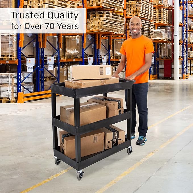 Tubstr 3-Tier Rolling Utility Cart with Wheels | Supports 300 lbs. Total | Heavy-Duty Capacity for Garage Storage, Office Spaces, & Kitchen Use | Durable Tool Cart with Locking Wheels (Black, 32 x 18)