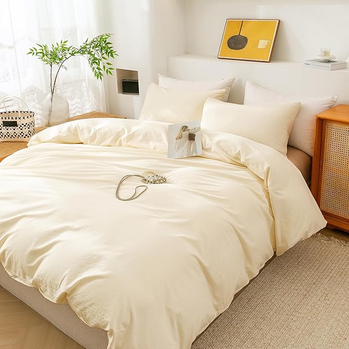 ECOCOTT Duvet Cover Queen Size - 3 Piece 100% Washed Cotton Bedding Set, Soft and Breathable with Zipper Closure & 8 Corner Ties - Comfortable and Stylish for All Seasons (Cream)