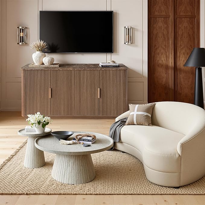 WIN2WIN 63" Fluted Sideboard Buffet Cabinet with Storage, Mid Century Modern Credenza with Faux Marble Top, Curved Corners, Wood Media TV Console Accent Cabinet for Living Room Kitchen Hallway, Walnut