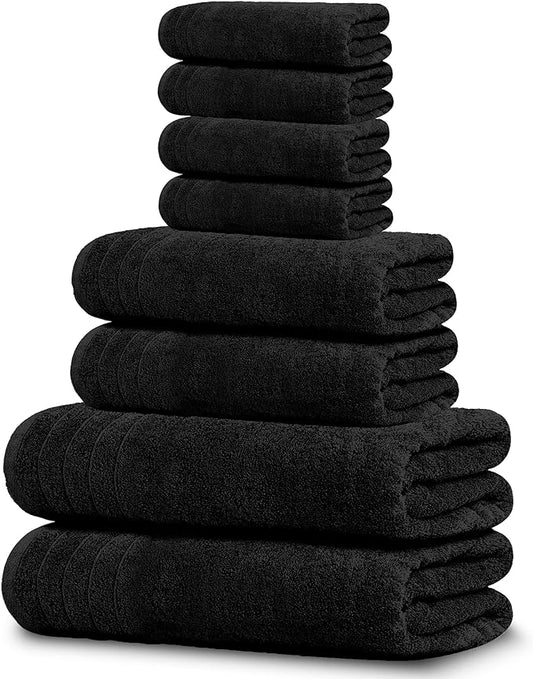 Tens Towels Pack of 8 Towels Set, 2 Extra Large Bath, 2 Hand, 4 Washcloths, 100% Cotton, Lighter Weight, Quicker to Dry, Super Absorbent, Perfect for Bathroom, Black