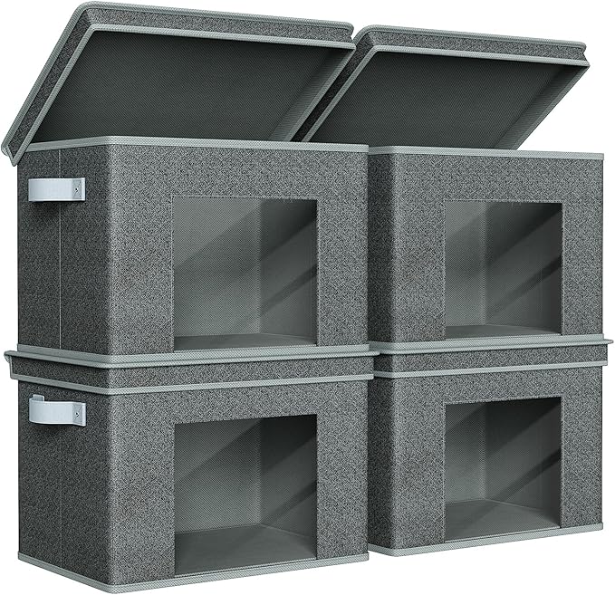 Univivi Foldable Fabric Storage Boxes Large Storage Bins with Lids [4-Pack] Collapsible Storage Cubes Organizer Containers Organization Baskets for Home, Bedroom, Closet (Black, 17”x 12” x 12”)