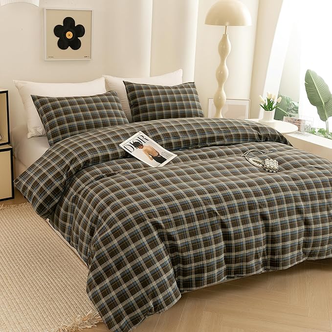 ECOCOTT Buffalo Plaid Duvet Cover King Size – 3 Piece Washed Cotton Brown & Blue Bedding Set, Soft & Breathable, Reversible Checkered Design with Zipper Closure & Corner Ties