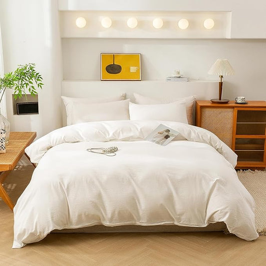 ECOCOTT 100% Washed Cotton Duvet Cover Oversized King Size – Soft & Breathable Linen Feel Bedding Set, 3 Pieces White Comforter Cover with Zipper Closure for All Seasons