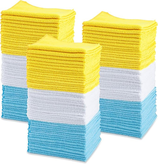 Amazon Basics Microfiber Cleaning Cloths for Cars, Non-Abrasive, Highly Absorbent, Lint and Scratch-Free, Reusable and Washable, 16" x 12", Blue/White/Yellow, 144-Pack