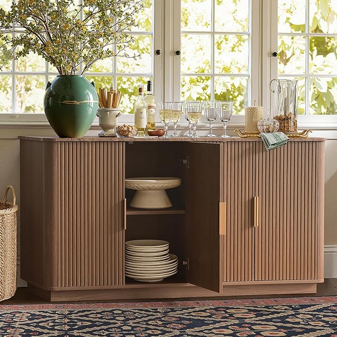 WIN2WIN 63" Fluted Sideboard Buffet Cabinet with Storage, Mid Century Modern Credenza with Faux Marble Top, Curved Corners, Wood Media TV Console Accent Cabinet for Living Room Kitchen Hallway, Walnut