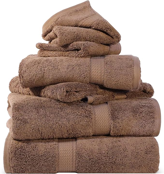 Superior Egyptian Cotton Pile 6 Piece Towel Set, Includes 2 Bath, 2 Hand, 2 Face Towels/Washcloths, Ultra Soft Luxury Towels, Thick Plush Essentials, Guest Bath, Spa, Hotel Bathroom, Chocolate