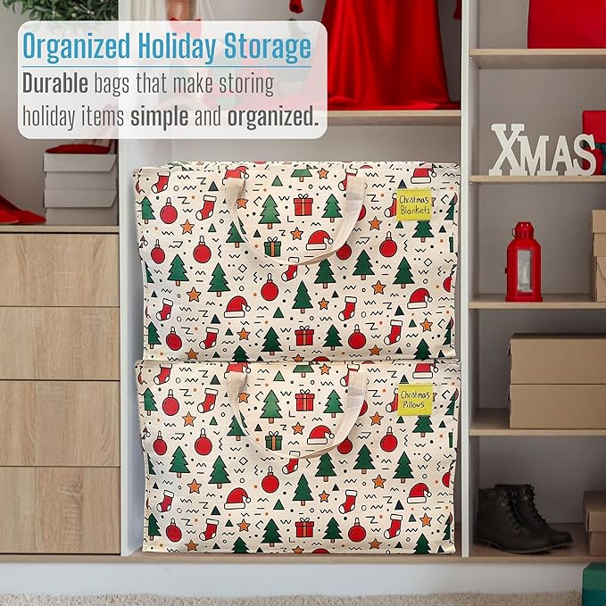 VENO 2 Pack Moving Bags and Large Christmas Decoration Storage Bins with lids. Alternative to Moving Boxes, Packing Supplies for College. Heavy Duty Totes (Jingle Mix, 2 Pack)