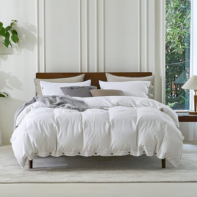EVERLY 100% Pure Linen Duvet Cover Set Queen Size 90X90Inch 3pcs (1 Duvet Cover,2 Pillowcases) Soft and Breathable for All Season with Coconut Button Closure, Suitable for Hot Sleepers-White-Queen