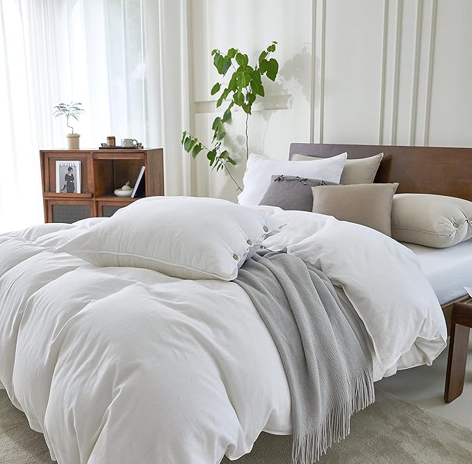 EVERLY 100% Pure Linen Duvet Cover Set Queen Size 90X90Inch 3pcs (1 Duvet Cover,2 Pillowcases) Soft and Breathable for All Season with Coconut Button Closure, Suitable for Hot Sleepers-White-Queen