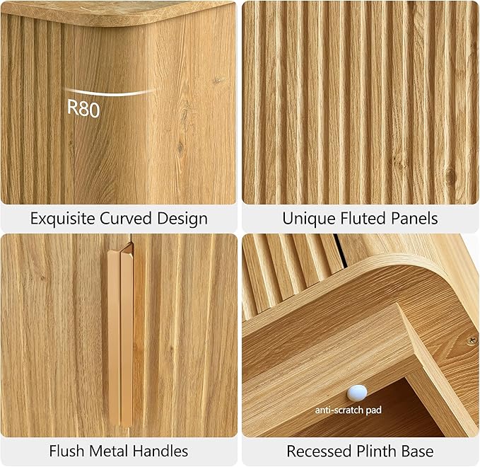 win2win 63" Fluted Sideboard Buffet Cabinet with Storage, Modern Credenza with Faux Marble Top, Curved Corners, Wood Boho Media TV Console Accent Cabinet for Living Room Kitchen Hallway, Oak