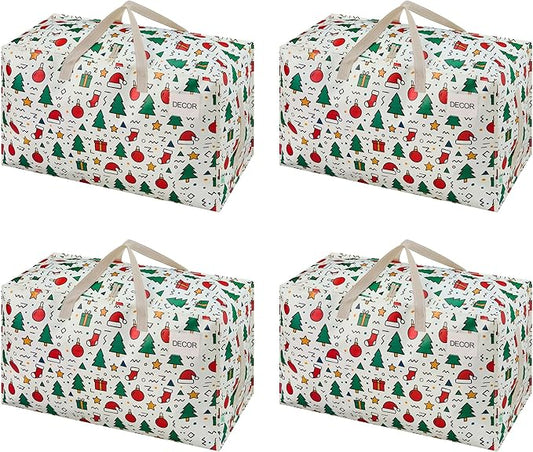 VENO 4 Pack Moving Bags and Large Christmas Decoration Storage Bins with lids. Alternative to Moving Boxes, Packing Supplies for College. Heavy Duty Totes (Jingle Mix, 4 Pack)