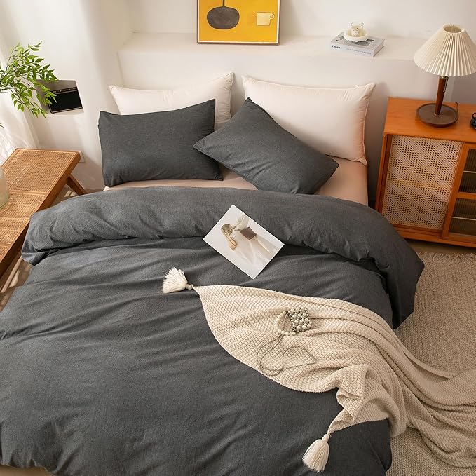 ECOCOTT Grey Duvet Cover Queen Size, 100% Washed Cotton 1 Duvet Cover with Zipper and 2 Pillowcases, Ultra Soft and Easy Care Breathable Cozy Simple Style Bedding Set(Dark Grey)