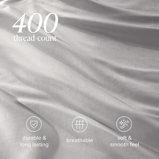 Bare Home 100% Organic Cotton Sateen Duvet Cover Set - Extra Long Size - 400 Thread Count - Smooth Sateen Weave - Warm & Luxurious - Duvet Cover (Twin/Twin XL, Light Grey)