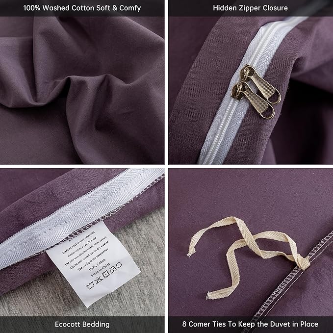 ECOCOTT Duvet Cover Set, 100% Washed Cotton Linen-Like Textured Soft & Breathable, Durable Comfy Bedding Set for All Seasons Oversized Queen Size, Lilac Purple