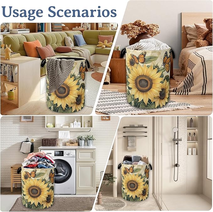 Vintage Sunflower Laundry Basket,Foldable Oxford Cloth Butterfly Laundry Hamper With Handle,Clothes Storage Basket for Laundry Room/Bedroom/Bathroom 20.8"x16"