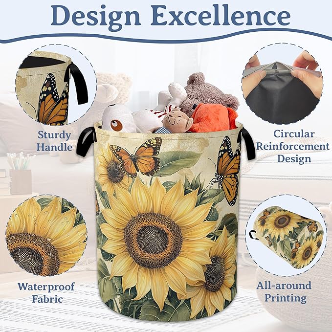 Vintage Sunflower Laundry Basket,Foldable Oxford Cloth Butterfly Laundry Hamper With Handle,Clothes Storage Basket for Laundry Room/Bedroom/Bathroom 20.8"x16"
