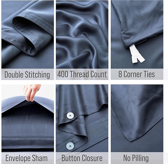 Bella Coterie Luxury Bamboo Viscose Queen Size Duvet Cover Set | 100% Organically Grown | Corner Ties | Ultra Soft | Cooling | Two Pillow Shams | 90 x 94 | No Insert [Slate Blue]