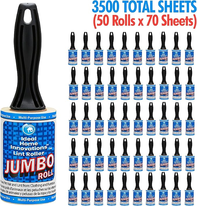 Jumbo Lint Rollers - Extra Sticky Pet Hair Remover for Clothes, Carpet, Furniture & Car - Dog/Cat Hair Lint Remover - 50 Rolls, 3500 Sheets - Easy Peel, Made in USA