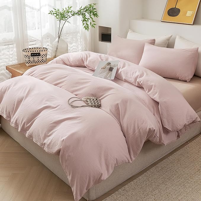 ECOCOTT Duvet Cover Set, 100% Washed Cotton Linen-Like Soft & Breathable, Durable Comfy Bedding Set for All Seasons (Greyish Pink, California King)