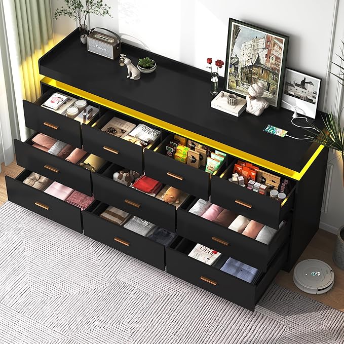 10 Drawer Dresser with Charging Station and LED Lights, Modern Chest of Drawers with Power Outlet, Organizer Cabinet for, Living Room, Entryway, Black