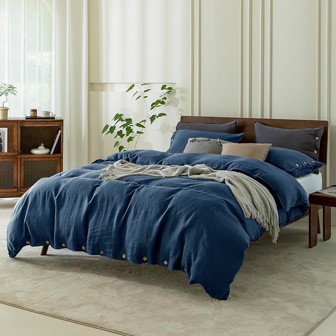 EVERLY100% Pure Linen Duvet Cover Set Queen Size90X90Inch 3pcs (1 Duvet Cover,2 Pillowcases) Soft and Breathable for All Season with Coconut Button Closure, Suitable for Hot Sleepers-Navy Blue