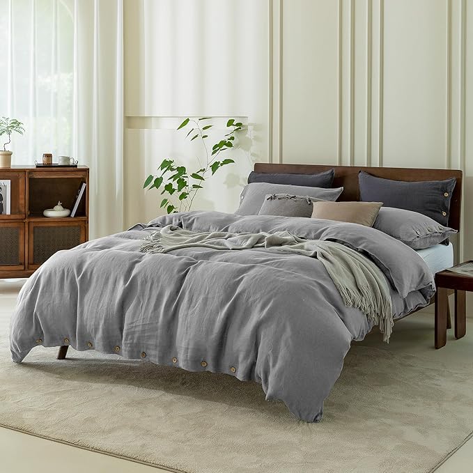 EVERLY 100% Pure Linen Duvet Cover Set Twin Size 68X90Inch 2pcs (1 Duvet Cover,1Pillowcases) Soft and Breathable for All Season with Coconut Button Closure, Suitable for Hot Sleepers-Grey