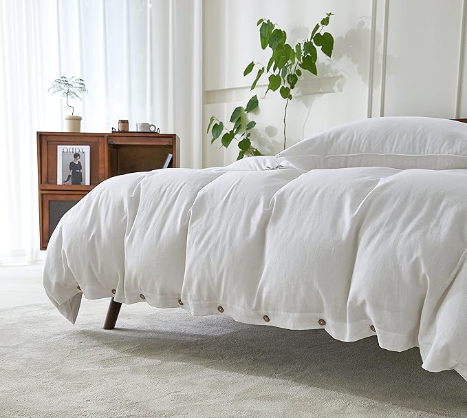 EVERLY 100% Pure Linen Duvet Cover Set Queen Size 90X90Inch 3pcs (1 Duvet Cover,2 Pillowcases) Soft and Breathable for All Season with Coconut Button Closure, Suitable for Hot Sleepers-White-Queen