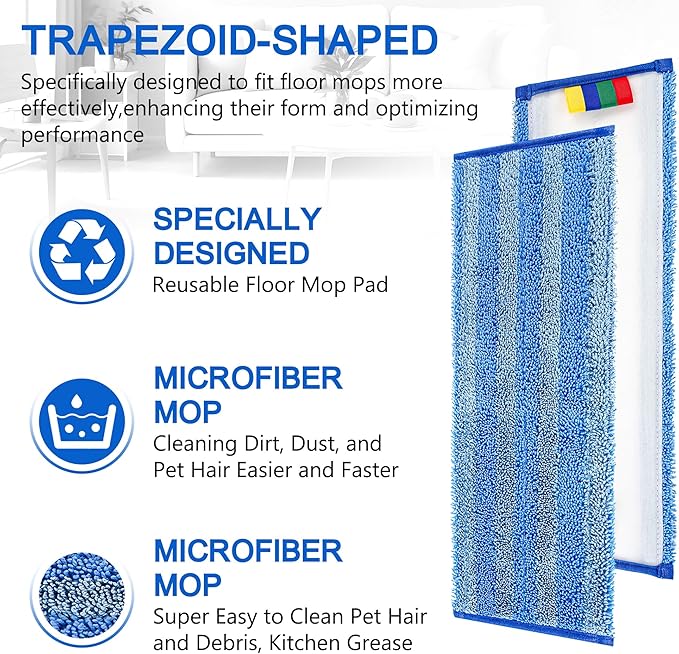 Replacement Microfiber Mop Pad – Universal 17-18" Heavy Duty Reusable Refill – Thick Commercial Cleaning Pad for Wet & Dry Use (15 Pack - 18in Flat Mop Head (Trapezoid))