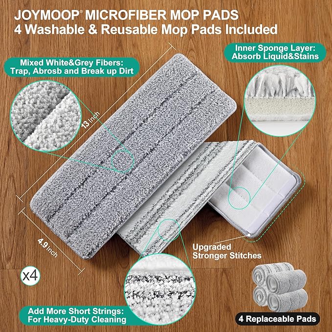 JOYMOOP Mop and Bucket with Wringer Set, Flat Squeeze Mop Flat Head, Dust Mops for Wall Cleaner with Long Handle, Hands-Free Microfiber Mops for Floor Cleaning - White