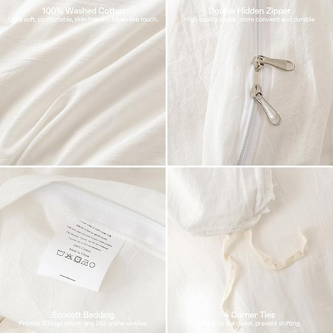 ECOCOTT 100% Washed Cotton Duvet Cover Twin Size – Soft & Breathable Linen Feel Bedding Set, 3 Pieces White Comforter Cover with Zipper Closure for All Seasons