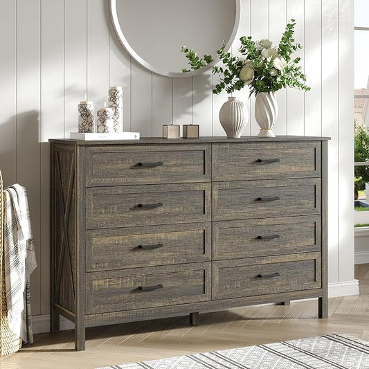 55 Inch Farmhouse 8 Drawers Dresser for Bedroom, Wood Rustic Wide Chest with Natural Texture, Large Tall Dressers for Bedroom, Hallway, Entryway, Dark Brown