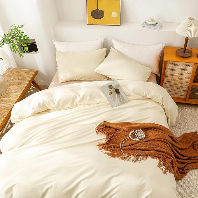 ECOCOTT Duvet Cover Queen Size - 3 Piece 100% Washed Cotton Bedding Set, Soft and Breathable with Zipper Closure & 8 Corner Ties - Comfortable and Stylish for All Seasons (Cream)