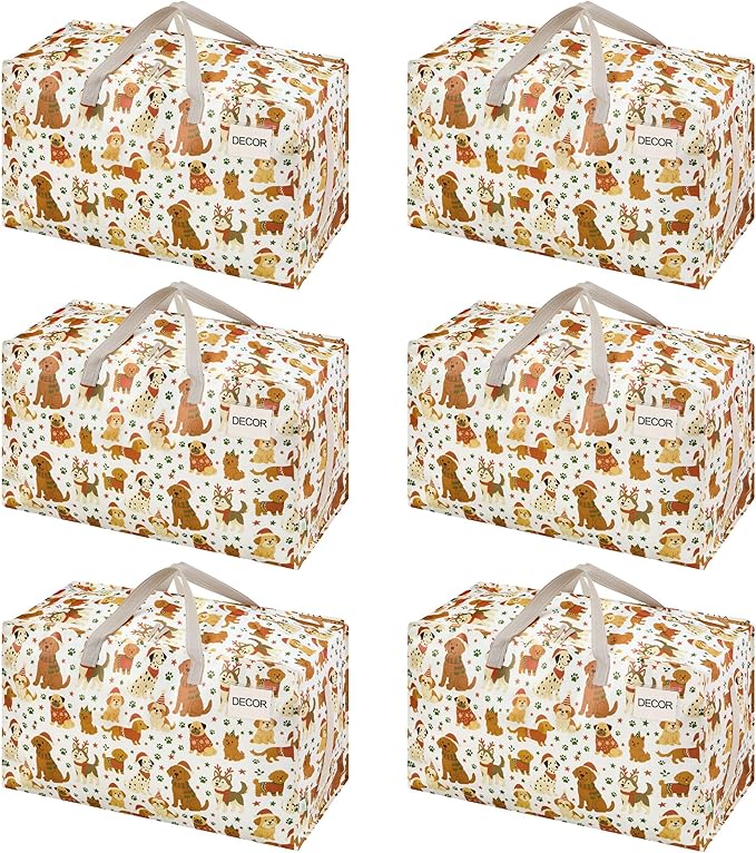 VENO 6 Pack Moving Bags and Large Christmas Decoration Storage Bins with lids. Alternative to Moving Boxes, Packing Supplies for College. Heavy Duty Totes (Holiday Pups, 6 Pack)