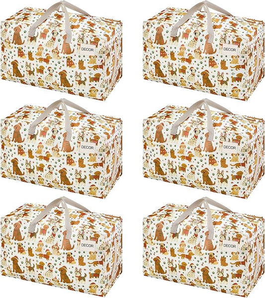 VENO 6 Pack Moving Bags and Large Christmas Decoration Storage Bins with lids. Alternative to Moving Boxes, Packing Supplies for College. Heavy Duty Totes (Holiday Pups, 6 Pack)
