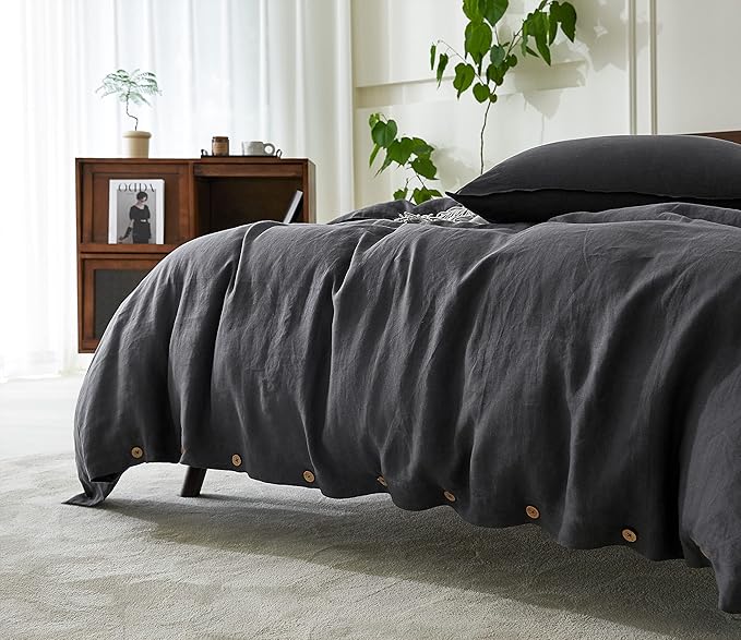 EVERLY100% Pure Linen Duvet Cover Set King Size 104X90Inch 3pcs (1 Duvet Cover,2 Pillowcases) Soft and Breathable for All Season with Coconut Button Closure, Suitable for Hot Sleepers-Dark Grey-King