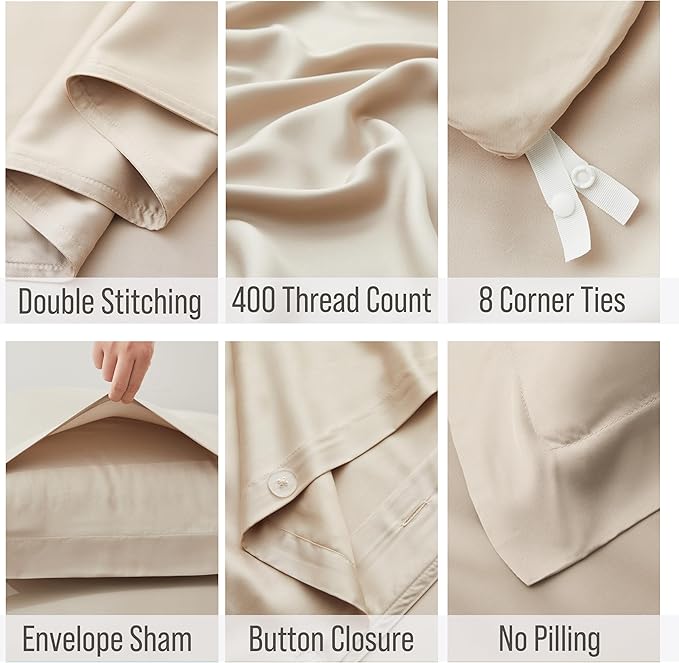 Bella Coterie Luxury Bamboo Viscose Queen Size Duvet Cover Set | 100% Organically Grown | Corner Ties | Ultra Soft | Cooling | Two Pillow Shams | 90 x 94 | No Insert [Dune]