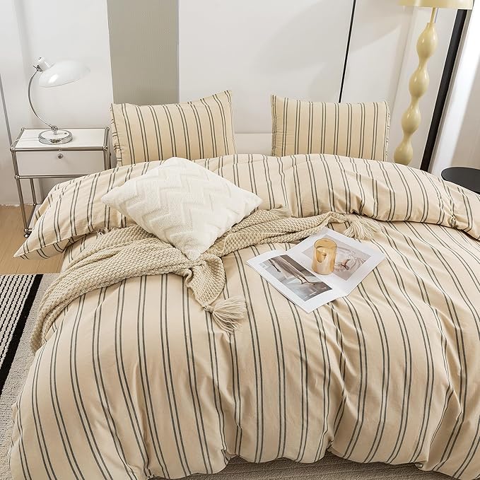 ECOCOTT Duvet Cover Queen Size - Linen Feel Organic Natural 100% Washed Cotton, Soft Breathable & Durable Bedding Set, Comfy Stripe Design for All Seasons